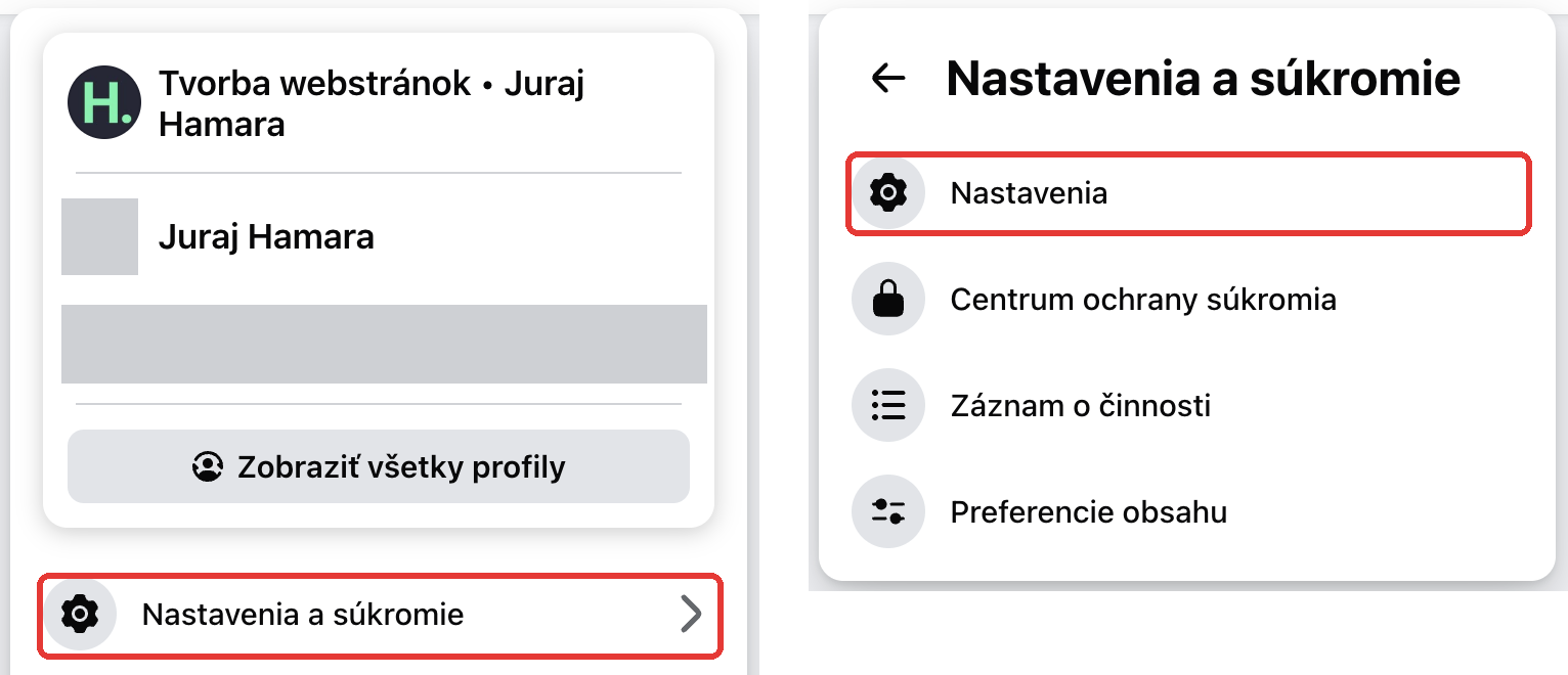 Ponuka stránky na Facebooku s položkou Nastavenia a súkromie a podponuka s položkou Nastavenia