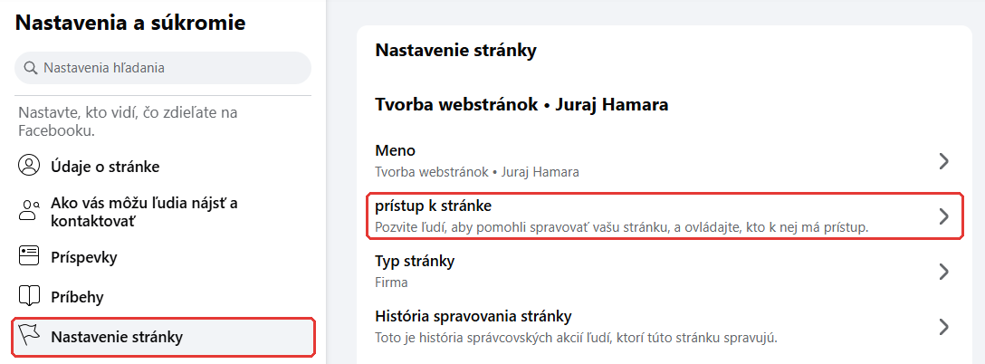Nastavenia Facebook stránky: v ľavom stĺpci Nastavenie stránky, vpravo riadok prístup k stránke