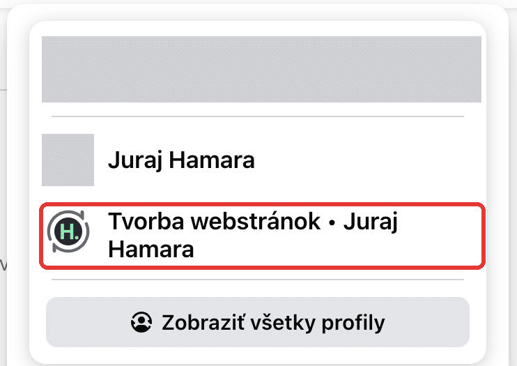 Facebook: ponuka pod profilovou fotkou so zoznamom profilov a stránok