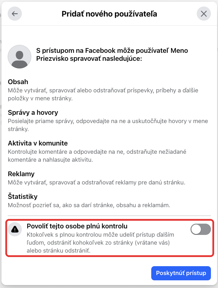 Okno Pridať nového používateľa so zoznamom povolení a prepínačom Povoliť tejto osobe plnú kontrolu