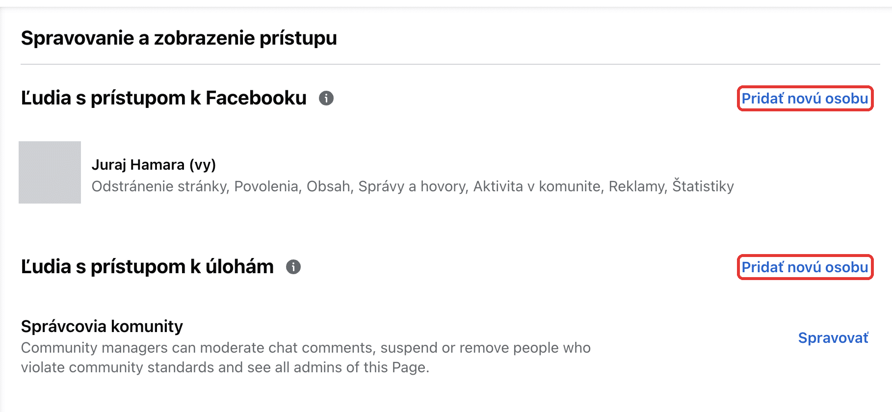 Prístup k Facebook stránke mimo firemného portfólia s odkazmi Pridať novú osobu