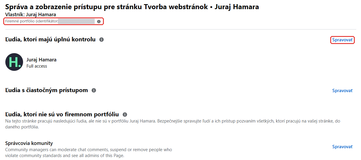 Prístup k Facebook stránke vo firemnom portfóliu s riadkom Firemné portfólio a odkazmi Spravovať