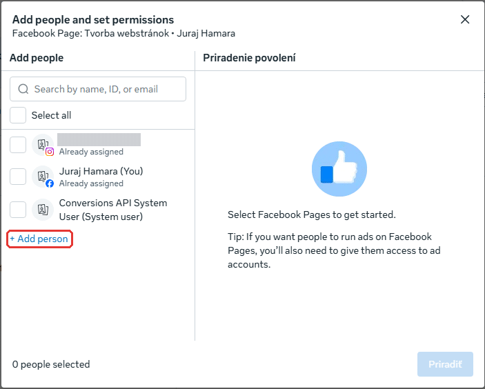 Okno Add people and set permissions so zoznamom ľudí v portfóliu a odkazom Add person