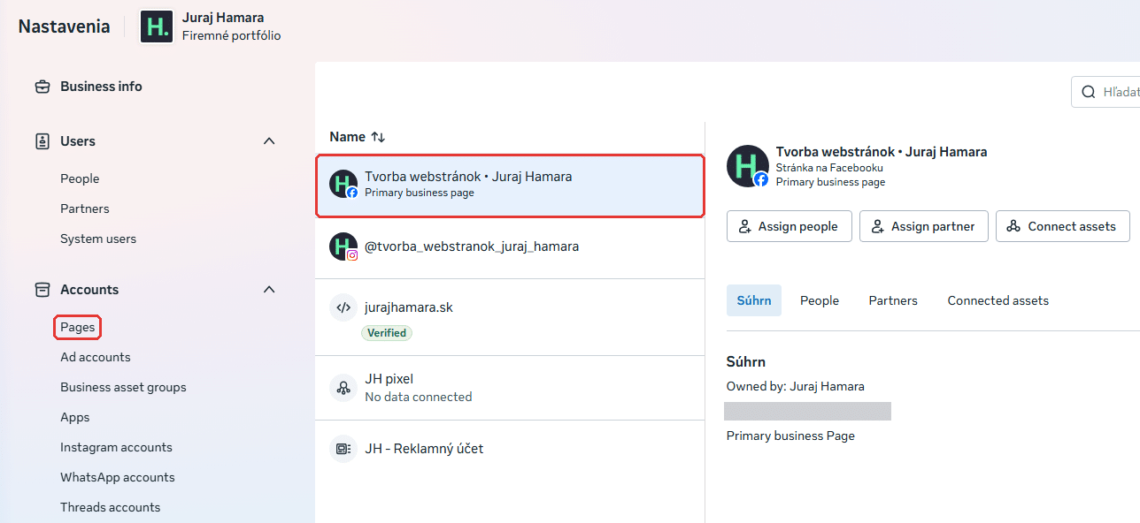 Nastavenia firemného portfólia v Meta Business Suite: ponuka Pages, vybraná stránka a tlačidlo Assign people