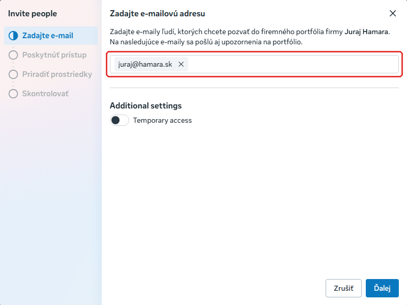 Pozvánka do firemného portfólia, krok Zadajte e-mail