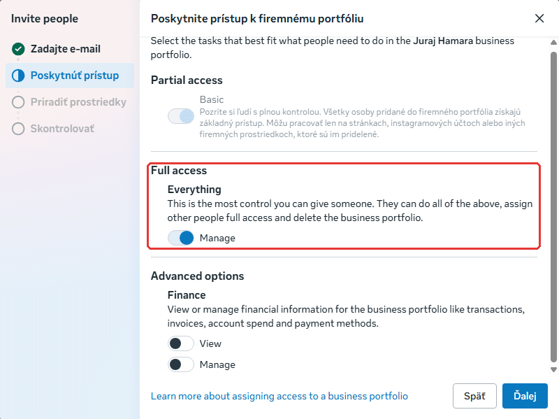 Pozvánka do firemného portfólia, krok Poskytnúť prístup s voľbami Basic, Full access a Finance