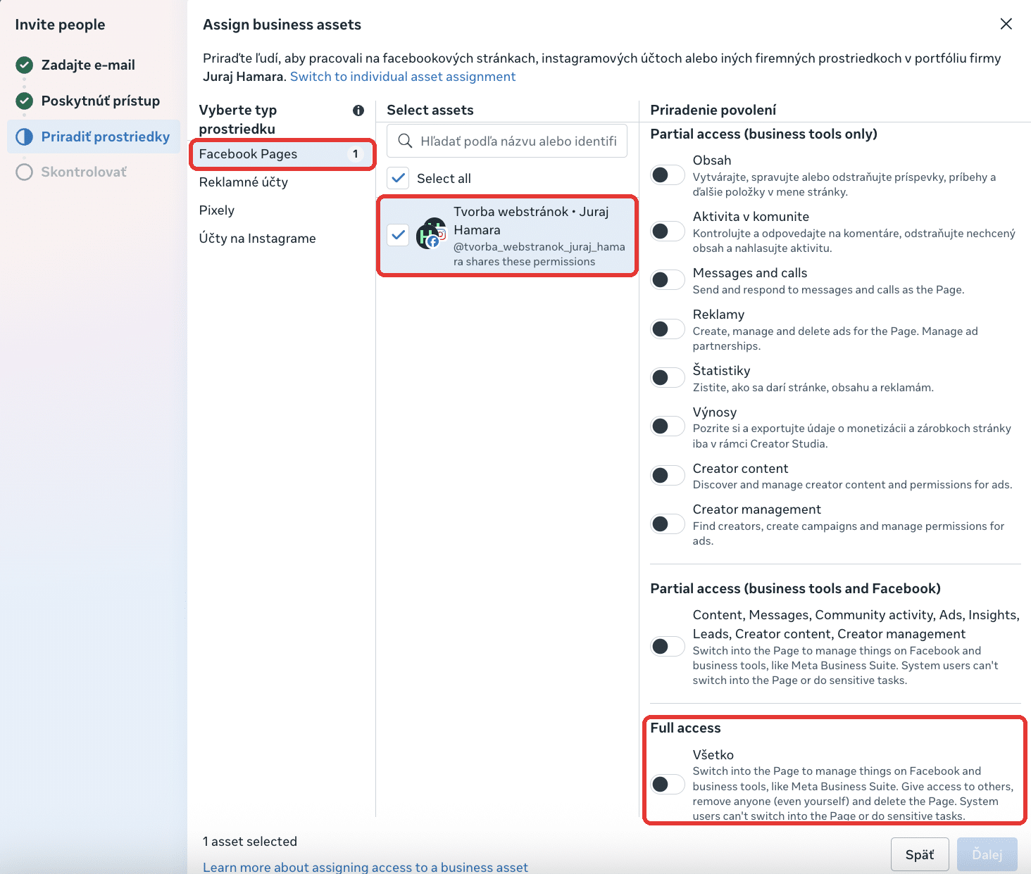 Pozvánka do firemného portfólia, krok Priradiť prostriedky s úrovňami prístupu k Facebook stránke