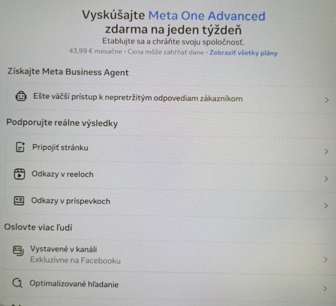 Ponuka Meta One Advanced na Facebooku: týždeň zdarma, potom 43,99 € mesačne, medzi výhodami Meta Business Agent, odkazy v reeloch a odkazy v príspevkoch