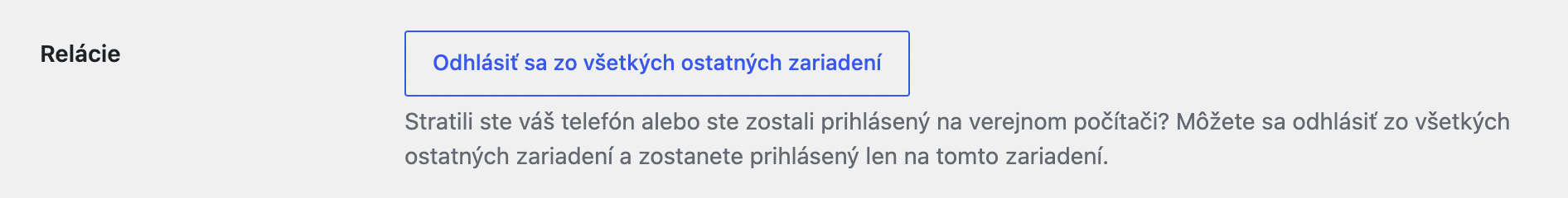 Časť Relácie v profile používateľa WordPressu s tlačidlom Odhlásiť sa zo všetkých ostatných zariadení