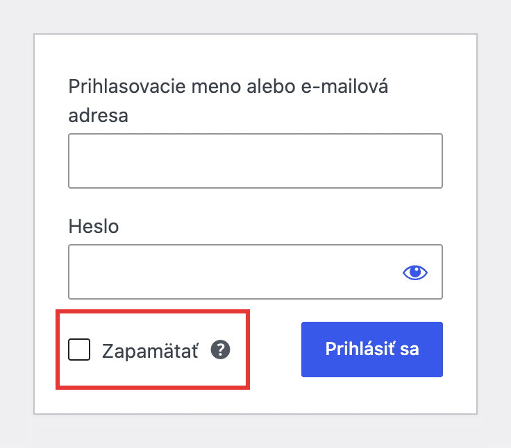 Prihlasovací formulár WordPressu s políčkami Prihlasovacie meno a Heslo, označené zaškrtávacie políčko Zapamätať s ikonou otáznika