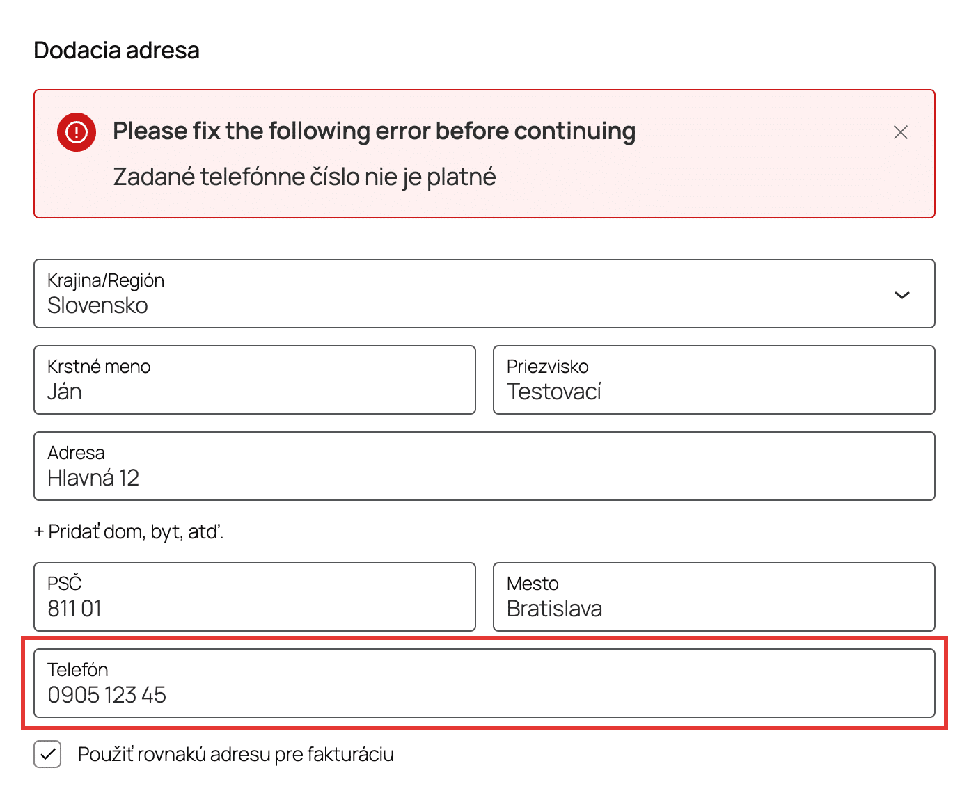 Bloková pokladňa WooCommerce: hláška Zadané telefónne číslo nie je platné pri dodacej adrese a pole Telefón s číslom 0905 123 45
