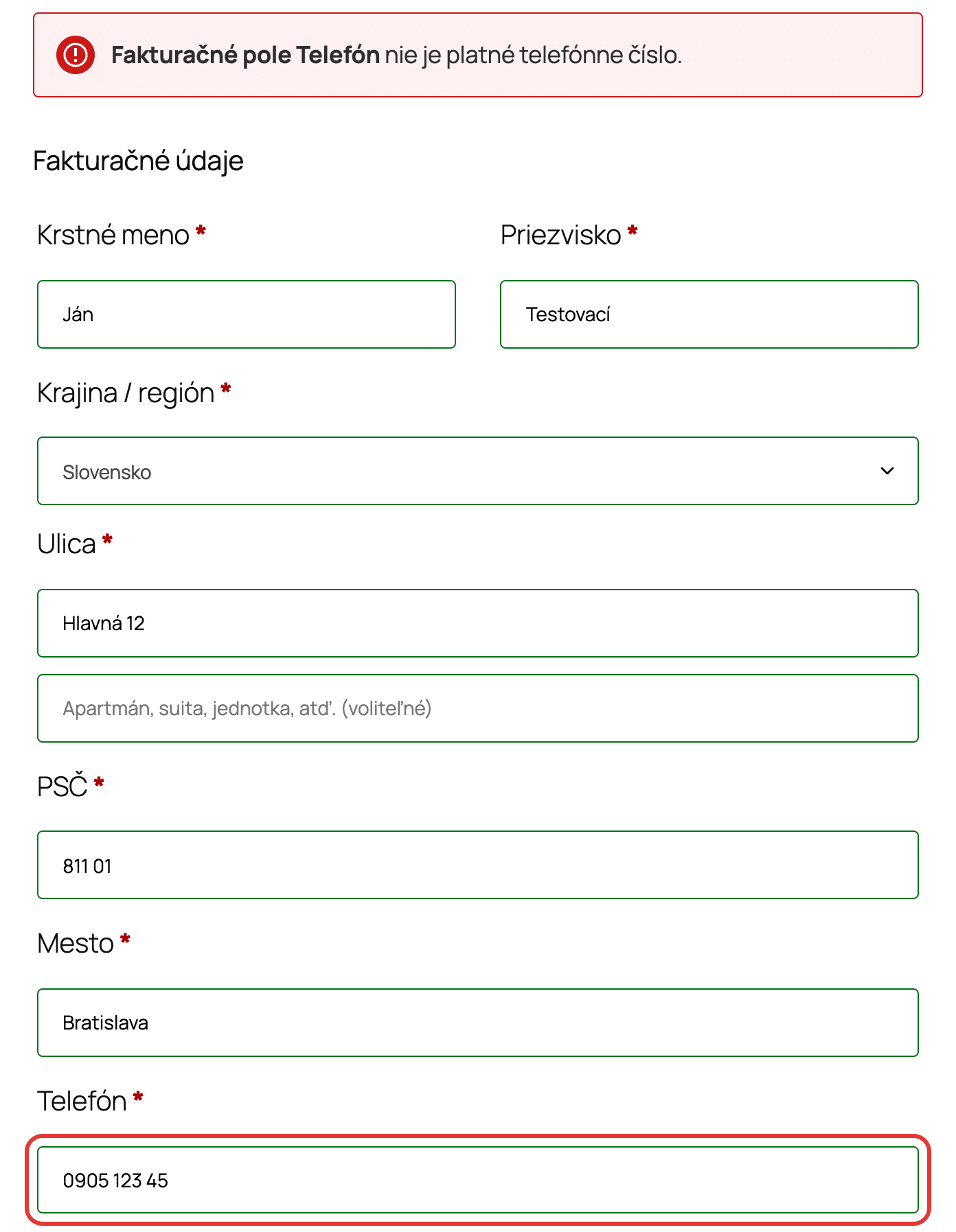 Klasická pokladňa WooCommerce: hláška Fakturačné pole Telefón nie je platné telefónne číslo a pole Telefón s číslom 0905 123 45
