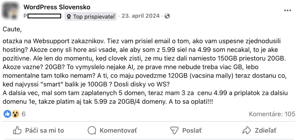 Príspevok v skupine WordPress Slovensko z apríla 2024: Websupport presunul hosting zo 150 GB na 20 GB