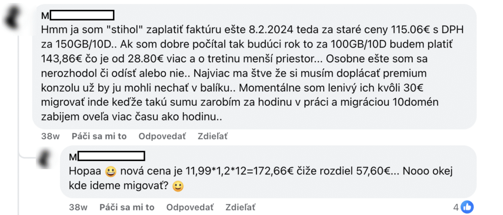 Komentár v skupine WordPress Slovensko: cena hostingu po zmene balíka vzrástla zo 115,06 € na 172,66 € s DPH