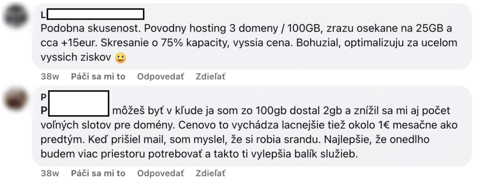 Komentáre v skupine WordPress Slovensko: hosting zo 100 GB na 25 GB za vyššiu cenu, iný zo 100 GB na 2 GB